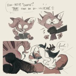  1:1 2024 absurd_res american_bobtail anthro asphyxiation baphypaws black_eyes black_sclera blush bobbi_(baphypaws) bobtail_cat book bovid brown_body brown_fur brown_hair canid canine canis caprine choking clothed clothed_anthro clothed_female clothing cookie_(baphypaws) dialogue domestic_cat duo english_text felid feline felis female female/female fur hair hi_res holding_book holding_object horn hybrid mammal sheep simple_background speech_bubble tail text white_hair wolf 