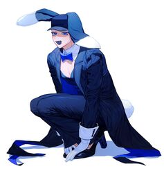  1boy animal_ears baseball_cap blue_bow blue_bowtie blue_coat blue_eyes blue_hat blue_leotard blue_pants blue_theme blue_tongue bow bowtie coat coattails collared_coat colored_eyelashes colored_tongue crossdressing detached_collar fangs fishnets full_body gloves hands_on_feet hat high_heels highres korean_commentary leotard long_sleeves looking_at_viewer male_focus male_playboy_bunny open_mouth original pants pectoral_cleavage pectorals rabbit_boy rabbit_ears rabbit_tail sasi_mozzi1 simple_background solo squatting tail white_background 