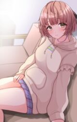  absurdres blue_skirt blush breasts brown_hair collarbone couch feet_out_of_frame female highres hood hoodie idolmaster idolmaster_shiny_colors ikuta_haruki kyana_(5024777) long_sleeves looking_at_viewer medium_breasts on_couch plaid plaid_skirt pleated_skirt short_hair sidelighting sitting skirt smile solo 