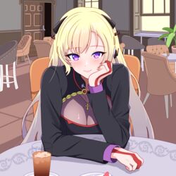  absurdres bad_id bad_pixiv_id black_dress blonde_hair breasts cafe chair cleavage closed_mouth commentary commission cross cross_necklace dress english_commentary female g3_(girls&#039;_frontline) g3_(mod3)_(girls&#039;_frontline) gilijim girls&#039;_frontline hair_ornament hand_on_own_head highres indoors jewelry large_breasts long_hair long_sleeves looking_at_viewer necklace pixiv_commission purple_eyes solo table very_long_hair window 