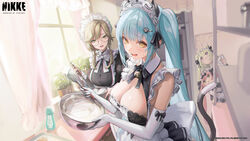  4girls @_@ absurdres ade_(nikke) animal_ear_fluff animal_ears apron aqua_hair black_dress black_ribbon bowl breasts cat_ears copyright_name curtains day dress elbow_gloves english_text frilled_apron frills glasses gloves goddess_of_victory:_nikke green_eyes hair_ornament hairclip highres holding holding_bowl holding_whisk indoors juliet_sleeves long_sleeves mixing_bowl multiple_girls official_art open_mouth parted_bangs privaty_(nikke) privaty_(unkind_maid)_(nikke) puffy_sleeves raised_eyebrows ribbon soda_(nikke) standing sunlight swept_bangs teeth twintails upper_teeth_only watermark whisk white_apron white_gloves window yellow_eyes 