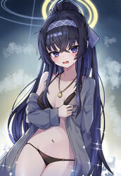  absurdres bad_id bad_pixiv_id bags_under_eyes bikini black_bikini black_hair blue_archive blush breasts cardigan collarbone crossed_bangs female grey_cardigan groin halo highres kaminose_(user_veum4325) long_hair looking_at_viewer medium_breasts navel official_alternate_costume purple_eyes single_bare_shoulder solo sparkle stomach sweat swimsuit ui_(blue_archive) ui_(swimsuit)_(blue_archive) very_long_hair 