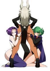  3girls :o absurdres animal_ears ass ass_worship bare_hips bare_legs bare_shoulders black_dress black_footwear black_leotard boku_no_hero_academia breasts cape commentary cosplay costume_switch crescent_print crossover dark-skinned_female dark_skin dc_comics dress english_commentary facing_away flipped_hair forehead_jewel gloves green_eyes green_hair hand_on_another&#039;s_ass hands_on_own_hips high_heels highleg highleg_leotard highres kneeling large_breasts leotard lixiart long_hair long_sleeves looking_at_another looking_at_viewer mirko mirko_(cosplay) multiple_crossover multiple_girls no_panties one-punch_man parted_bangs parted_lips pelvic_curtain purple_cape purple_eyes purple_hair purple_thighhighs rabbit_ears rabbit_girl rabbit_tail raven_(dc) raven_(dc)_(cosplay) short_hair sleeved_leotard sleeveless_turtleneck_leotard smile tail tail_through_clothes tatsumaki tatsumaki_(cosplay) teen_titans thighhighs thighs white_background white_gloves white_hair white_leotard 