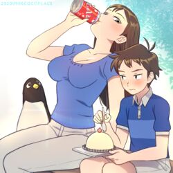  1boy aoyama-kun_(penguin_highway) artist_name bird blue_shirt blush breasts brown_hair can cleavage cocopeace cola commentary dated day drink drinking female food grey_pants grey_shorts holding holding_can holding_spoon long_hair medium_breasts onee-san_(penguin_highway) outdoors pants penguin penguin_highway pudding shirt short_hair short_sleeves shorts sitting spoon 