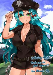  absurdres aqua_hair braid breasts chloe_(fire_emblem) commentary_request commission cuffs female fire_emblem fire_emblem_engage green_eyes handcuffs hat highres long_hair looking_back miniskirt oniisan02b police police_hat police_uniform policewoman side_braid skeb_commission skirt solo uniform 