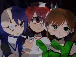  3girls black_background blue_eyes blue_hair brown_hair commentary cross_scar cyclops gloves green_eyes green_gloves hashtag-only_commentary hat highres holding holding_microphone holding_syringe ichigou_(ikigusare) ikigusare long_hair looking_at_viewer microphone mimeme_756 missing_ear monster_girl multiple_faces multiple_girls multiple_mouths nigou_(ikigusare) nurse nurse_cap one-eyed red_eyes sangou_(ikigusare) scar short_hair short_twintails smile sparkle stitched_face stitches syringe twintails 