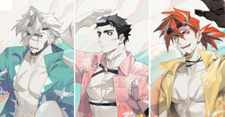  3boys absurdres alchemy_stars alternate_costume bara bare_pectorals barton_(alchemy_stars) black_hair chest_harness earrings expressionless gloves hand_up harness hawaiian_shirt high_ponytail highres jewelry looking_ahead male_focus multiple_boys muscular muscular_male pectoral_cleavage pectorals pink_shirt pittman_(alchemy_stars) prosthesis prosthetic_arm scar scar_on_cheek scar_on_chest scar_on_face shirt short_hair sideburns sinsa_(alchemy_stars) solid_beard white_hair yaoyaore 