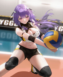  absurdres ball bare_shoulders black_shorts black_thighhighs blurry blurry_background breasts bump_(volleyball) cleavage cleavage_cutout closed_mouth clothing_cutout commentary_request crop_top cropped_shirt elbow_pads enya_murphy facing_viewer female floating_hair foot_out_of_frame gym headgear highres indoors knee_pads large_breasts long_hair looking_to_the_side navel official_art pink_eyes purple_hair shirt shorts single_knee_pad single_thighhigh sleeveless sleeveless_shirt smile snowbreak:_containment_zone solo sportswear stomach thighhighs volleyball volleyball_(object) volleyball_uniform white_shirt 