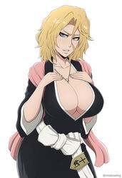  bleach blonde_hair blue_eyes blush breasts cleavage female highres japanese_clothes jewelry kimono large_breasts looking_at_viewer matsumoto_rangiku medium_hair mistowing mole mole_under_eye necklace signature simple_background smile solo white_background 