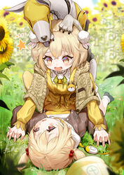  2girls blonde_hair bodysuit capelet cowgirl_position day dual_persona flower goddess_of_victory:_nikke grass highres liter_(cute_sunflower)_(nikke) liter_(nikke) long_hair long_sleeves looking_at_another lying multiple_girls non-humanoid_robot on_back on_ground open_mouth outdoors robot robot_animal short_twintails smile sunflower swallow165 twintails vest volt_(nikke) yellow_bodysuit yellow_eyes 