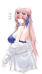  arknights back bare_shoulders bead_choker blue_camisole breasts camisole ceylon_(arknights) ceylon_(holiday)_(arknights) commentary_request double_bun eyewear_on_head feather_hair female from_behind hair_bun highres horn/wood jacket large_breasts long_hair looking_at_viewer looking_back official_alternate_costume pink_hair see-through see-through_jacket short_shorts shorts simple_background solo sunglasses swimsuit_cover-up twintails very_long_hair white_background white_shorts yellow_eyes 