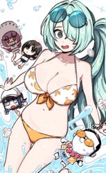  1boy 4girls @_@ alternate_costume atsuko&#039;s_grin_(meme) atsuko_(blue_archive) bikini blue_archive blue_eyes blue_hair breasts chibi cleavage closed_mouth doodle_sensei_(blue_archive) embarrassed eyewear_on_head flower flower_necklace green_hair hair_over_one_eye halo hiyori_(blue_archive) kingbawoon large_breasts lei long_hair looking_at_another looking_at_viewer meme misaki_(blue_archive) multiple_girls navel open_mouth ponytail purple_eyes purple_hair round_eyewear saori_(blue_archive) seashell sensei_(blue_archive) shell smile stomach sunglasses swimsuit teeth water 