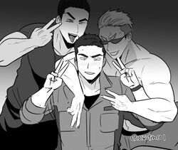  3boys :p ao_isami arm_around_shoulder blush faceless faceless_male facial_hair greyscale imminent_gangbang male_focus monochrome multiple_boys muscular muscular_male nervous pectorals porn_star ryouma_arakai sideburns_stubble stubble sunglasses taking_picture thick_eyebrows tongue tongue_out upper_body yamitoxxxxx yaoi yuuki_bakuhatsu_bang_bravern 