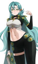  absurdres alternate_costume aqua_hair book braid breasts cape chloe_(fire_emblem) crop_top female fire_emblem fire_emblem_engage green_eyes highres holding holding_book large_breasts long_hair midriff navel pearlbbbb sage_outfit_(fire_emblem_engage) side_braid solo 