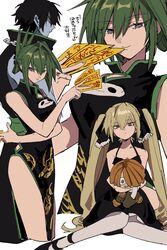  1boy 2girls absurdres aoi_(yooo009) bare_shoulders black_dress black_footwear blonde_hair breasts chain_necklace chains china_dress chinese_clothes chuck_(shaman_king) closed_mouth cropped_legs dress folded_ponytail green_hair grey_pantyhose hair_between_eyes half-closed_eyes halter_dress halterneck hand_up highres holding holding_ofuda holding_stuffed_toy jewelry large_breasts lee_bailong long_hair looking_at_viewer marion_phauna multiple_girls multiple_views necklace ofuda pantyhose partially_colored pelvic_curtain print_dress profile purple_eyes shaman_king short_hair simple_background sitting sleeveless sleeveless_dress smile stuffed_toy tao_jun twintails v very_long_hair white_background 