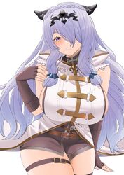  absurdres alternate_costume black_gloves braid breasts camilla_(fire_emblem) cosplay crown_braid female fingerless_gloves fire_emblem fire_emblem_fates genm7 gloves granblue_fantasy highres large_breasts looking_at_viewer low-tied_sidelocks narmaya_(granblue_fantasy) narmaya_(granblue_fantasy)_(cosplay) parted_lips purple_eyes purple_hair shorts sideboob sideless_shirt sidelocks smile solo teeth thigh_strap tiara white_background 