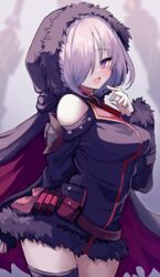  absurdres arm_up belt belt_pouch black_cape blurry blurry_background blush breasts cape choker clothing_cutout cowboy_shot female fur-trimmed_hood fur-trimmed_sleeves fur_trim hair_over_one_eye highres hood hood_up hooded_cape karunabaru large_breasts looking_at_viewer loose_belt multicolored_cape multicolored_clothes open_mouth pink_trim pouch purple_eyes shadowverse short_hair shoulder_cutout simple_background smile solo standing thighhighs thighs white_hair wing_collar wizardess_of_oz 