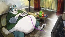  anthro aokamidu belly belly_overhang beverage big_belly canid canine canis claws clothed clothing controller cordless_phone curtains detailed_background electronics food fur furniture game_controller gaming grey_body grey_fur headgear headphones headset hi_res holding_controller holding_game_controller holding_object inside male mammal morbidly_obese morbidly_obese_anthro morbidly_obese_male obese obese_anthro obese_male open_mouth open_smile overweight overweight_anthro overweight_male phone playing_video_game sitting smile soda sofa solo television toe_claws wide_hips window wolf 