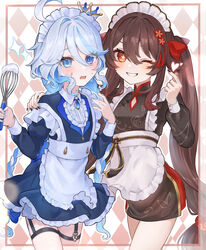  2girls absurdres alternate_costume alternate_hairstyle apron argyle_background blue_dress blue_eyes blue_hair blue_nails blue_shirt blue_skirt braid brown_dress brown_hair checkered_background china_dress chinese_clothes clenched_teeth colored_inner_hair cowboy_shot cowlick crossed_legs crown dress finger_heart frilled_apron frilled_skirt frills furina_(genshin_impact) genshin_impact hand_on_another&#039;s_shoulder hands_up heart highres holding holding_whisk hu_tao_(genshin_impact) inset_border light_blue_hair long_hair looking_at_viewer low-tied_long_hair low_twin_braids mini_crown mugita_(mokankan) multicolored_hair multiple_girls nail_polish one_eye_closed open_mouth outside_border red_eyes shirt short_dress skirt sweatdrop teeth thigh_strap toenail_polish toenails twin_braids twintails waist_apron whisk white_apron 