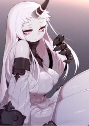  abyssal_ship albino bags_under_eyes bare_shoulders black_horns breasts claws colored_skin commentary_request covered_nipples detached_sleeves dress female glowing glowing_eyes highres horns kantai_collection large_breasts long_hair looking_at_viewer md5_mismatch pale_skin parted_lips partial_commentary red_eyes resolution_mismatch ribbed_dress ribbed_sweater seaport_princess short_dress sideboob simple_background single_horn sitting solo source_larger striped_horns sweater sweater_dress thighs very_long_hair white_dress white_hair white_skin yeti_(mu_kaiten) 