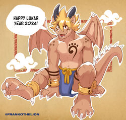  2024 anthro biped blonde_hair chinese_zodiac claws dragon english_text european_mythology feet franko_(negy) hair hi_res male membrane_(anatomy) membranous_wings mythological_creature mythological_scalie mythology negy open_mouth open_smile scalie smile solo speech_bubble spikes spikes_(anatomy) tail talking_to_viewer text western_dragon wings year_of_the_dragon 