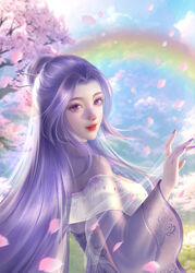  absurdres artist_request blue_sky cherry_blossoms cloud cloudy_sky dress falling_petals female from_side glitter hair_bun hair_ornament hairpin highres long_hair long_sleeves off-shoulder_dress off_shoulder petals purple_dress purple_hair purple_nails qinshi_mingyue rainbow second-party_source sky solo undershirt zi_nu_(qinshi_mingyue) 