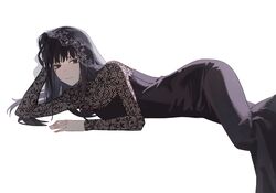  black_dress black_eyes black_hair closed_mouth commentary dress feet_out_of_frame female hand_in_own_hair hand_on_own_head hashtag-only_commentary head_rest highres lace lace-trimmed_veil lace_sleeves lace_trim long_hair long_sleeves looking_at_viewer lying on_side osaragi_(sakamoto_days) sakamoto_days see-through see-through_sleeves simple_background solo veil white_background yuake 