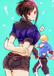  arms_behind_back ass blonde_hair buster_sword cloud_strife crop_top denim denim_shorts female final_fantasy final_fantasy_vii final_fantasy_vii_rebirth final_fantasy_vii_remake flower hair_flower hair_ornament highres looking_at_viewer looking_back multiple_boys nikuya_(nikuya888) official_alternate_costume official_alternate_hairstyle parted_lips red_eyes short_shorts shorts sword thong tifa_lockhart weapon 