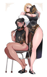  2girls bare_legs barefoot black_dress black_footwear blonde_girl_(okpriko) blonde_hair blue_eyes breasts china_dress chinese_clothes cleavage commentary double_bun dress feather_boa feet hair_bun hand_fan highres holding holding_fan large_breasts legs looking_at_viewer multiple_girls okpriko on_chair original shoes short_hair side_slit sitting sleeveless sleeveless_dress small_breasts standing symbol-only_commentary thai_girl_(okpriko) thighs toe_scrunch toenails toes unworn_shoes white_background 