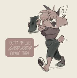  2024 american_bobtail anthro baphypaws bobbi_(baphypaws) bobtail_cat book bottomwear brown_body brown_fur closed_eyes clothed clothed_anthro clothed_female clothing dialogue domestic_cat english_text felid feline felis female fur hi_res holding_book holding_object mammal occult_symbol open_mouth pants pawpads pentagram simple_background solo symbol tail text topwear walking 