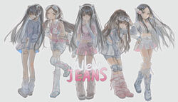  5girls adjusting_eyewear animal_ear_headphones animal_ears animification arms_behind_back asymmetrical_legwear backpack bag belt bike_shorts black_eyes black_hair blunt_bangs blush brown_eyes brown_hair cable cat_ear_headphones catzz collared_shirt copyright_name cropped_shirt danielle_(newjeans) detached_pants detached_sleeves everyone fake_animal_ears fingerless_gloves floating_hair frown get_up_(newjeans) gloves goggles goggles_on_head grey_background grey_belt grey_footwear grey_gloves grey_jacket grey_leg_warmers grey_shorts grey_skirt grey_socks haerin_(newjeans) hand_in_own_hair hand_on_eyewear hand_on_own_cheek hand_on_own_face hanni_(newjeans) headphones highres holding_own_arm hyein_(newjeans) jacket juliet_sleeves k-pop knee_pads kneehighs leaning_forward long_hair long_sleeves looking_at_viewer looking_back low_twintails midriff_peek minji_(newjeans) mismatched_legwear multiple_girls navel newjeans parted_bangs parted_lips pink_footwear pink_leg_warmers pink_shirt pink_skirt ponytail puffy_sleeves real_life ribbon scouter shirt shoes shorts sidelocks skirt sleeveless sleeveless_shirt smile sneakers socks star_(symbol) striped_clothes stuffed_animal stuffed_rabbit stuffed_toy track_jacket twintails very_long_hair white_footwear white_ribbon white_shirt white_shorts 