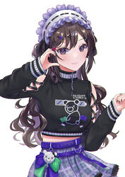  absurdres belt black_shirt blush brown_eyes brown_hair closed_mouth clothing_cutout commentary cropped_shirt female frilled_headband hair_bun hair_ornament hairclip half-heart_hands hands_up heart heart_hair_ornament highres hukukame koukyou_suru_machi_no_katasumi_de_(project_sekai) long_hair long_sleeves looking_at_viewer midriff_peek negai_wa_itsuka_asa_wo_koete_(project_sekai) official_alternate_costume official_alternate_hair_length official_alternate_hairstyle plaid plaid_skirt print_shirt project_sekai purple_belt purple_skirt shinonome_ena shirt shoulder_cutout sidelocks simple_background skirt sleeves_past_wrists smile solo teddy_bear_ornament upper_body white_background 