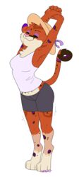  absurd_res alpha_channel anthro bottomwear clothing cougar enjoyment felid feline female happy hat headgear headwear hi_res hybrid jaguar mammal pantherine ribbons sero_(feroxdoon) shirt shoelace_(artist) shorts smile solo stretching tail tank_top topwear 