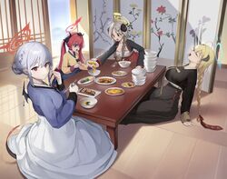  4girls akari_(blue_archive) akari_(new_year)_(blue_archive) alternate_costume black_hanbok black_horns blonde_hair blue_archive blue_hanbok blush breasts brown_eyes chima_(clothes) chopsticks cleavage closed_mouth demon_horns food gourmet_research_society_(blue_archive) grey_hair halo hanbok haruna_(blue_archive) highres holding holding_chopsticks horns indoors izumi_(blue_archive) jeogori_(clothes) junko_(blue_archive) junko_(new_year)_(blue_archive) kekek korean_clothes large_breasts light_brown_hair long_hair long_sleeves meat multiple_girls official_alternate_costume open_mouth red_eyes red_hair sitting smile spoon table tail twintails 