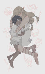  1boy aged_down arm_wrap barefoot black_hair blonde_hair blue_eyes blunt_bangs blush cake child&#039;s_drawing closed_eyes commentary dark-skinned_male dark_skin doll dress dungeon_meshi elf female food fork hair_tubes highres holding holding_fork holding_knife hug kabru knife leg_wrap long_hair looking_up low-tied_long_hair milsiril_(dungeon_meshi) multiple_scars pointy_ears sarami_(sa_rami30) scar scar_on_arm shirt sleeveless sleeveless_dress stuffed_animal stuffed_toy sweatdrop teddy_bear white_background white_shirt 