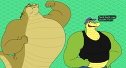  2024 alligator alligatorid anthro biped black_clothing black_shirt black_topwear brok_(brok_the_investigator) brok_the_investigator clothing cowcat_games crocodilian dialogue duo english_text green_body hat headgear headwear hi_res holding_breath humanoid_hands louis_(tpatf) male muscular muscular_male purple_clothing purple_hat purple_headwear reptile scalie shirt tank_top text the_princess_and_the_frog topwear wolfox90210 