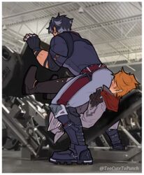  2boys ass bara black_gloves black_hair black_jacket blush boots earrings fingerless_gloves genshin_impact gloves grey_hair grey_jacket grey_pants gym highres jacket jewelry leg_press_machine male_focus meme multicolored_hair multiple_boys muscular muscular_male orange_hair pants short_hair sitting_on_face squatting tartaglia_(genshin_impact) the_world_needs_more_heroes_(meme) toocutetopunch twitter_username two-tone_hair wriothesley_(genshin_impact) yaoi 