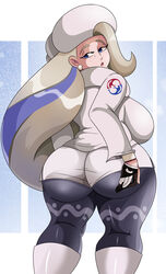  absurdres ass blonde_hair blue_eyes blue_pantyhose breasts dynamax_band earrings female fur_collar fur_hat gloves half-closed_eyes hat highres huge_breasts jewelry large_breasts long_hair long_sleeves looking_back mature_female melony_(pokemon) multicolored_hair pantyhose pantyhose_under_shorts pearl_earrings plump pokemon pokemon_swsh shorts side_slit side_slit_shorts single_glove solo sonson-sensei streaked_hair sweater ushanka very_long_hair white_hat white_shorts white_sweater 