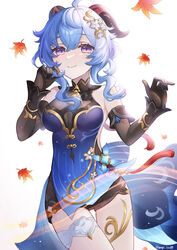  absurdres ahoge artist_name autumn_leaves bare_shoulders bell black_dress black_gloves blue_dress blue_hair breasts cleavage detached_sleeves dress female ganyu_(genshin_impact) ganyu_(twilight_blossom)_(genshin_impact) genshin_impact gloves gold_trim gradient_dress hair_ornament highres horns long_hair looking_at_viewer medium_breasts mugita_(mokankan) neck_bell official_alternate_costume official_alternate_hairstyle purple_eyes sideless_dress sidelocks smile solo thigh_gap thighs vision_(genshin_impact) white_background 