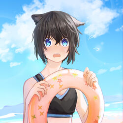  absurdres animal_ears beach black_hair black_sports_bra blue_eyes blue_sky blush cat_ears cloud commentary_request day embarrassed female flat_chest highres holding holding_swim_ring kemonomimi_mode kino_(kino_no_tabi) kino_no_tabi looking_at_viewer ocean open_mouth outdoors short_hair sky solo sports_bra sweatdrop swim_ring teeth upper_body upper_teeth_only ydpfa 