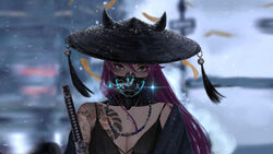  ajirogasa android bell black_camisole black_robe blurry blurry_background breasts brown_eyes camisole chinese_commentary cleavage collarbone commentary_request drop_earrings ear_piercing earrings fake_horns female flower_tattoo glint glowing glowing_earrings glowing_mask grey_eyes grey_robe hair_between_eyes hat highres horned_hat horned_headwear horns irezumi jewelry long_hair looking_at_viewer mask mouth_mask necklace off_shoulder ofuda oni_mask original outdoors piercing purple_hair rice_hat robe sheath sheathed shoulder_tattoo single_bare_shoulder snowing solo spaghetti_strap standing sword talisman tassel tattoo upper_body weapon wind yangtuotuo 