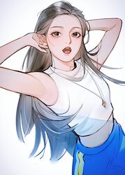  animification armpits arms_behind_head blue_pants blush brown_eyes brown_hair bu_xiaoxin_kou_diao female flat_chest haerin_(newjeans) hair_behind_ear highres jewelry k-pop leaning_back long_hair looking_at_viewer navel necklace newjeans open_mouth pants real_life red_lips shirt sleeveless sleeveless_shirt solo sweatpants very_long_hair white_shirt 