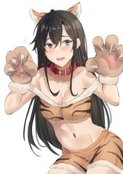  absurdres ahoge animal_ears animal_hands animal_print bare_shoulders black_hair blue_eyes blush breasts cat_ears cat_paws claw_pose cleavage collar collarbone cowboy_shot crop_top fake_animal_ears female gloves hair_ribbon highres long_hair looking_at_viewer medium_breasts navel open_mouth orange_shorts paw_gloves red_ribbon ribbon shorts simple_background smodzz998 solo tiger_print white_background yahari_ore_no_seishun_lovecome_wa_machigatteiru. yukinoshita_yukino 