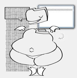  ambiguous_gender belly big_belly binary_code cursor digital_creature emoticon featureless_crotch floating_hands folder front_view humanoid loading not_furry simple_background smile smiley_face smokey_blokey solo speech_bubble standing text text_box thick_thighs white_body wide_hips 