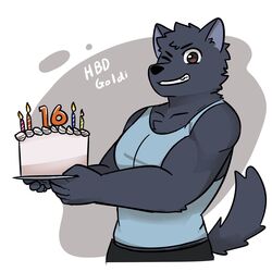  1:1 anthro biceps black_body black_fur bottomwear cake canid canine canis clothing dessert food fur grin hair hi_res male mammal muscular muscular_anthro muscular_male northwoooof one_eye_closed pecs shirt shorts smile solo standing tail tank_top teeth topwear wink wolf 