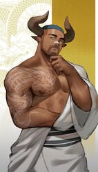  1boy absurdres alternate_costume animal_ears bandaid bandaid_on_face bandaid_on_nose bara bare_pectorals beard_stubble buzz_cut chinese_new_year chinese_zodiac cow_boy cow_ears cow_horns cowboy_shot dragon_tattoo eyebrow_cut facial_hair goatee hadanugi_dousa hand_on_own_chin head_tilt highres horns looking_at_viewer male_focus mature_male nipples original pectorals sai_(serialmilq) short_hair solo stroking_own_chin stubble tattoo thick_eyebrows tsurime very_short_hair year_of_the_dragon yukio_(sai_&amp;_tired_arcanist) 