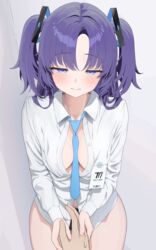  1other absurdres ama_(amastration55) black_panties blue_archive blue_necktie blush breasts closed_mouth collared_shirt cowboy_shot female highres large_breasts long_hair long_sleeves necktie no_pants panties purple_eyes purple_hair shirt solo_focus two_side_up underwear white_shirt yuuka_(blue_archive) 