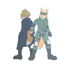  accessory anthro blonde_hair boots canid canine clothing coat crossover footwear fox fox_mccloud fur gloves hair handwear headband hi_res knee_pads kokoro-tokoro konami liquid_snake male mammal metal_gear nintendo orange_body orange_fur sibling_(lore) sneaking_suit solid_snake star_fox stealth_suit topwear trenchcoat twins_(lore) vest white_body white_fur 