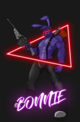  anthro bonnie_(fnaf) clothed clothing dluck five_nights_at_freddy&#039;s freddy_in_space_2 grin gun hi_res lagomorph leporid male mammal muscular nipples purple_body rabbit ranged_weapon scottgames smile solo text topless visor weapon 