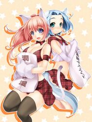  2girls animal_ears animal_hands atelier-moo bare_shoulders bikini black_thighhighs blue_eyes blue_hair breasts cat_ears cat_girl cat_paws cat_tail cleavage closed_mouth dog_ears dog_girl drop_shadow hair_between_eyes large_breasts lily_(lasting_anthem) long_hair melody_sinclair miniskirt multiple_girls oerba_yun_fang open_mouth paw_shoes pink_hair ponytail ribbon skirt smile starry_background swimsuit tail tail_ornament tail_ribbon thighhighs thighs unmoving_pattern wide_ponytail yuukyuu_gensoukyoku zettai_ryouiki 